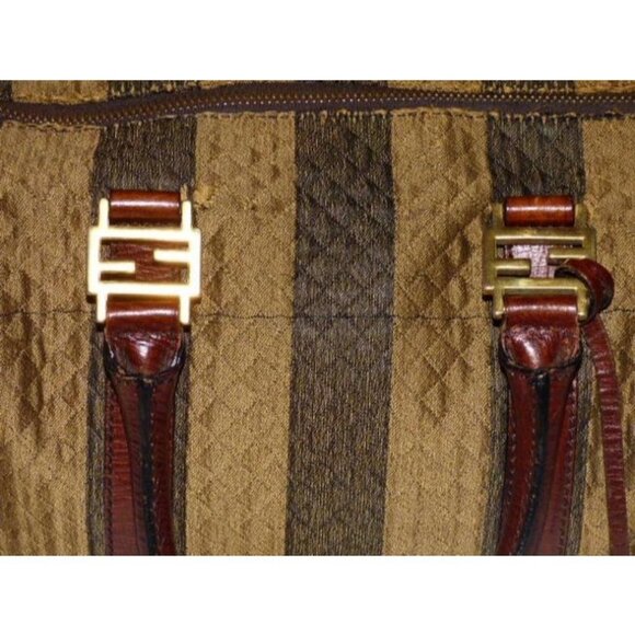 Fendi Pequin Brown Canvas and Leather Satchel Top Handle Key Quilted - Picture 2 of 12